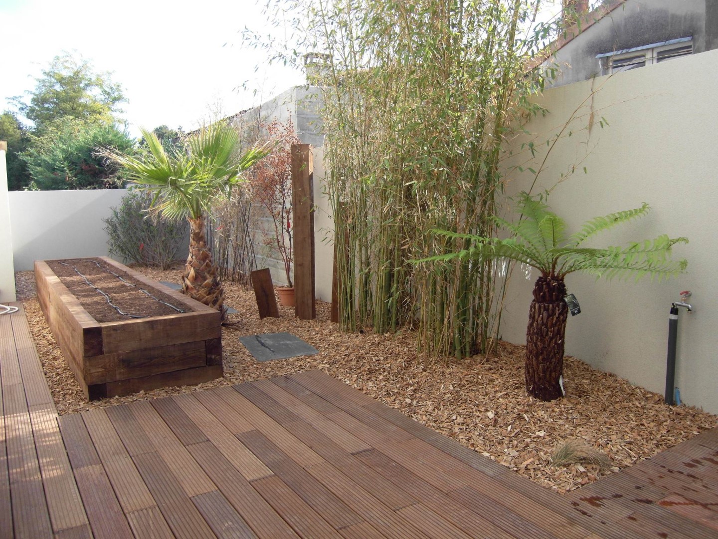 La terrasse est composée de lames d'ipé courtes, composition atypique sans entretien avec mulch en plaquettes de chêne